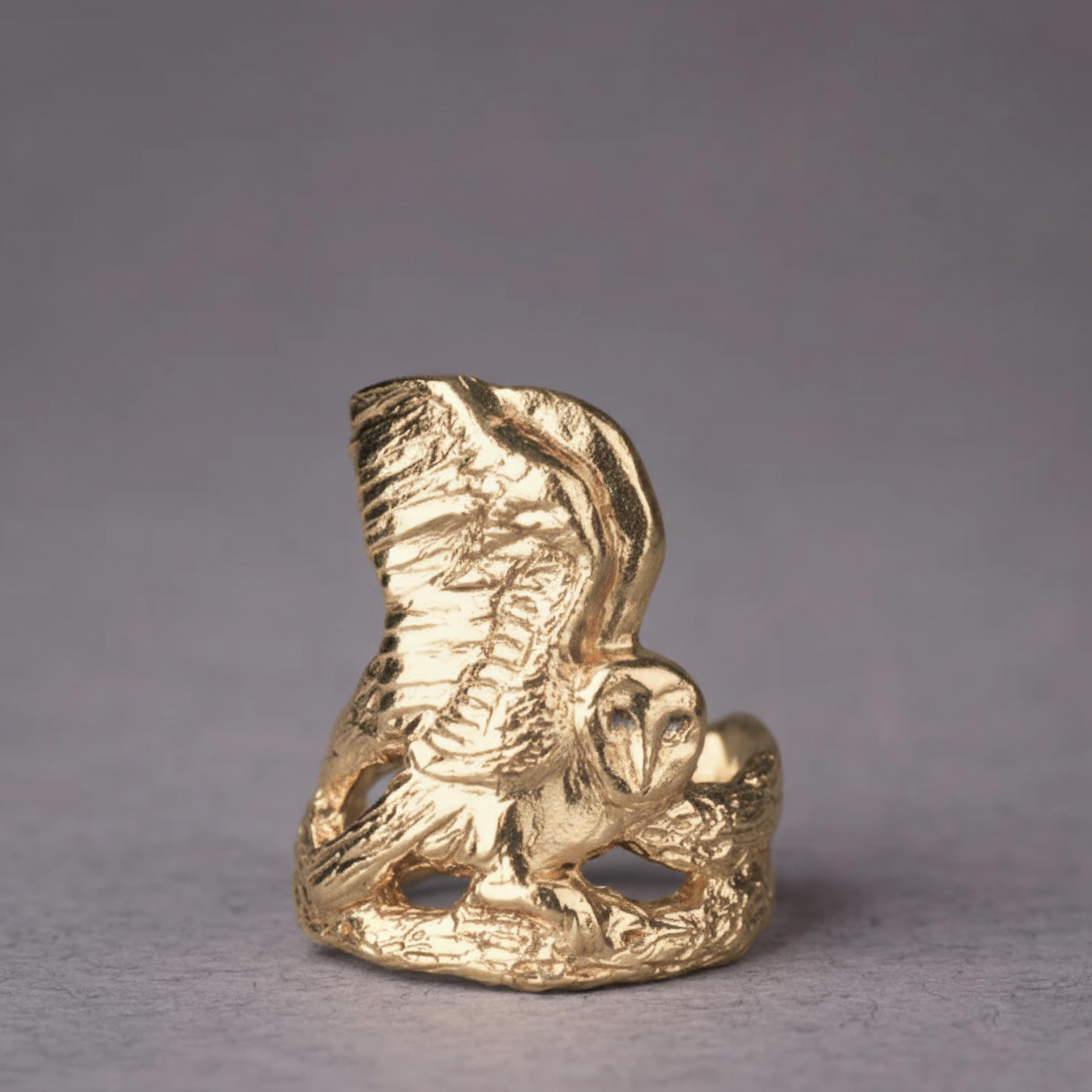 Barn Owl Ring in 14k Gold, Owl on Branch Wings Ring, Statement Witchy Nature Ring, Mystical Night Ow