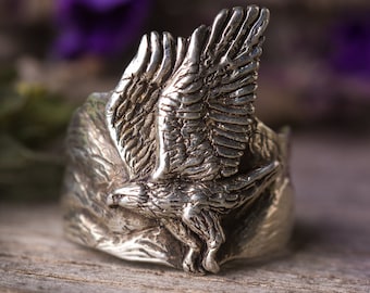 Eagle Mountain Ring Sterling Silver, Wilderness Ring, Mountain Ring Men, Animal Nature Ring, Hawk Flight Ring, Bird Watchers Gifts Men