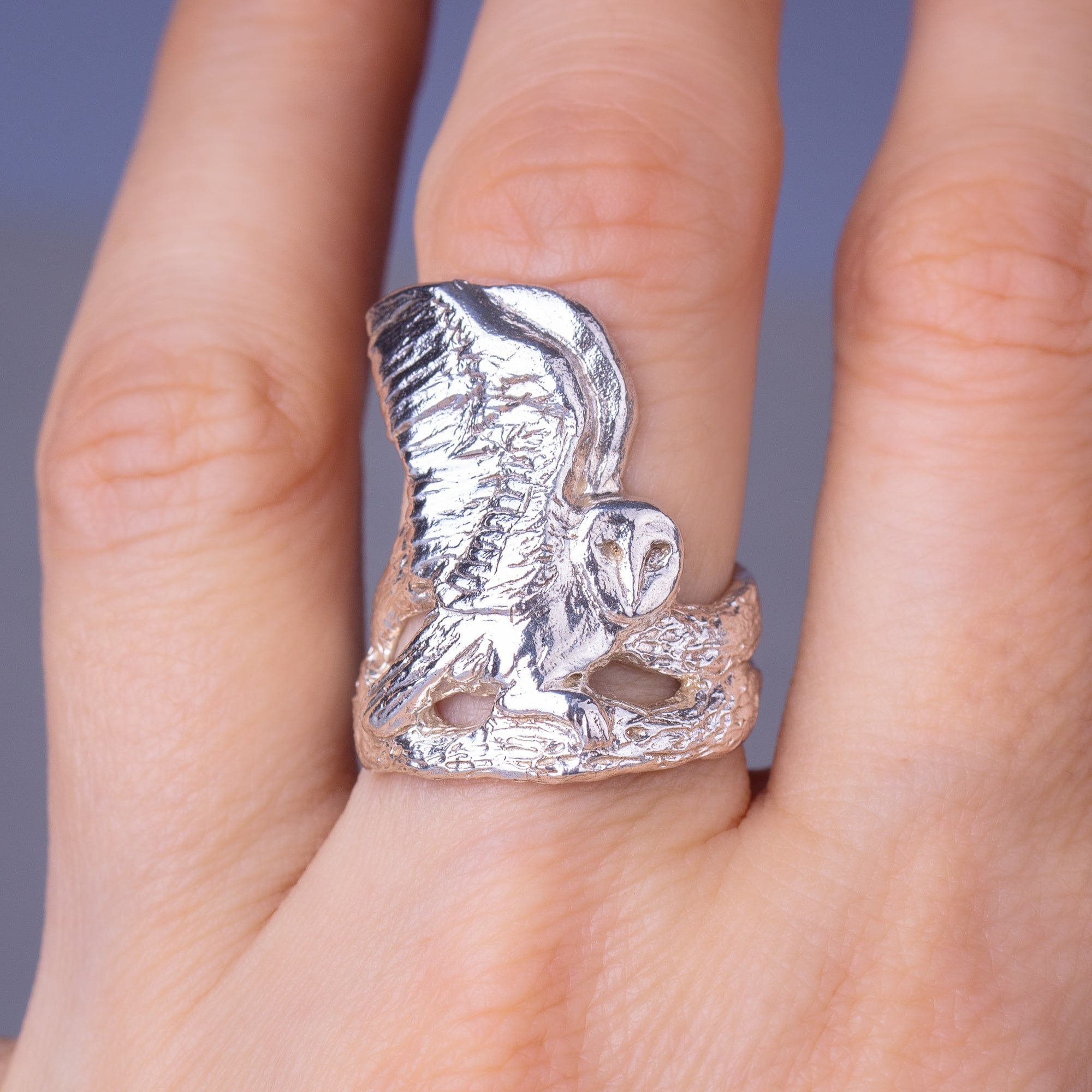 Barn Owl Ring in 14k Gold, Owl on Branch Wings Ring, Statement Witchy ...