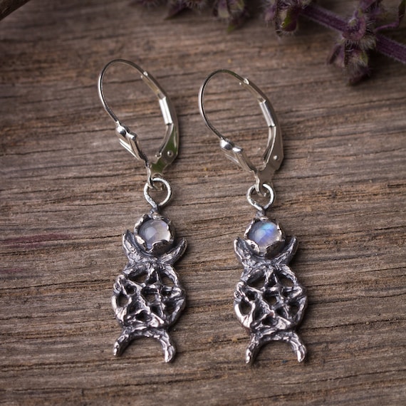 Triple Moon Pentagram Earrings - Rainbow Moonstone Witch