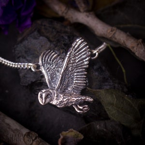Barn owl necklace, Sterling silver owl,  Woodland bird jewelry, Gift for Night Owl, Flying owl pendant