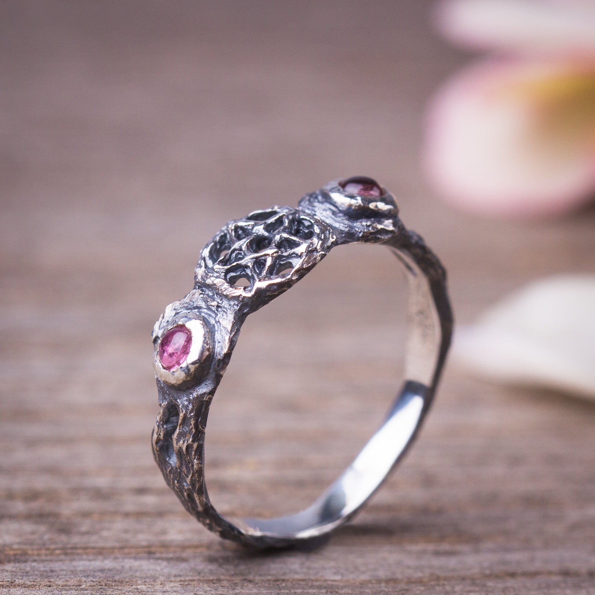Triple Moon Ring, Pink Tourmaline Silver Ring, Witch Ring