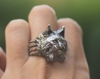 Lynx ring, Wild cat ring , Man Statement Ring, Biker ring, Silver cat ring, Totem ring, Chunky ring, Sterling silver animal ring