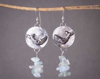 Whale Earrings Silver Aquamarine Gemstone Earrings Whale Lover Jewelry Wildlife Earrings Marine Life Jewelry Ocean Inspired Earrings