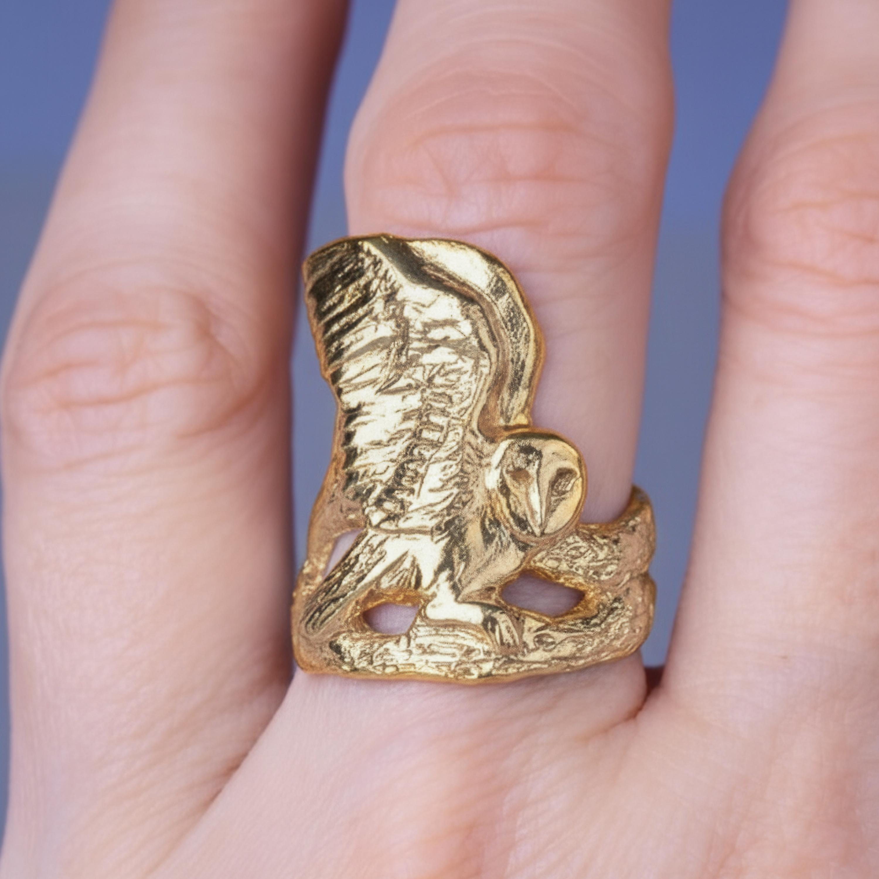 Barn Owl Ring in 14k Gold, Owl on Branch Wings Ring, Statement Witchy ...