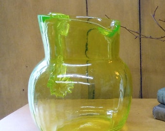 Antique Vaseline Glass Pitcher: Ribbed Handle, Paneled Design, 1930s