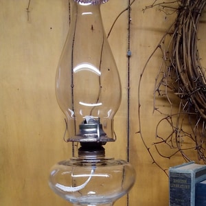 Oil Lamp/ 19&quot; Tall Antique-Vintage Clear Glass 2 Part Mold With Amethyst Tint Globe Substantial Weight Pedestal Oil Lamp-Burner-Wick-Chimney