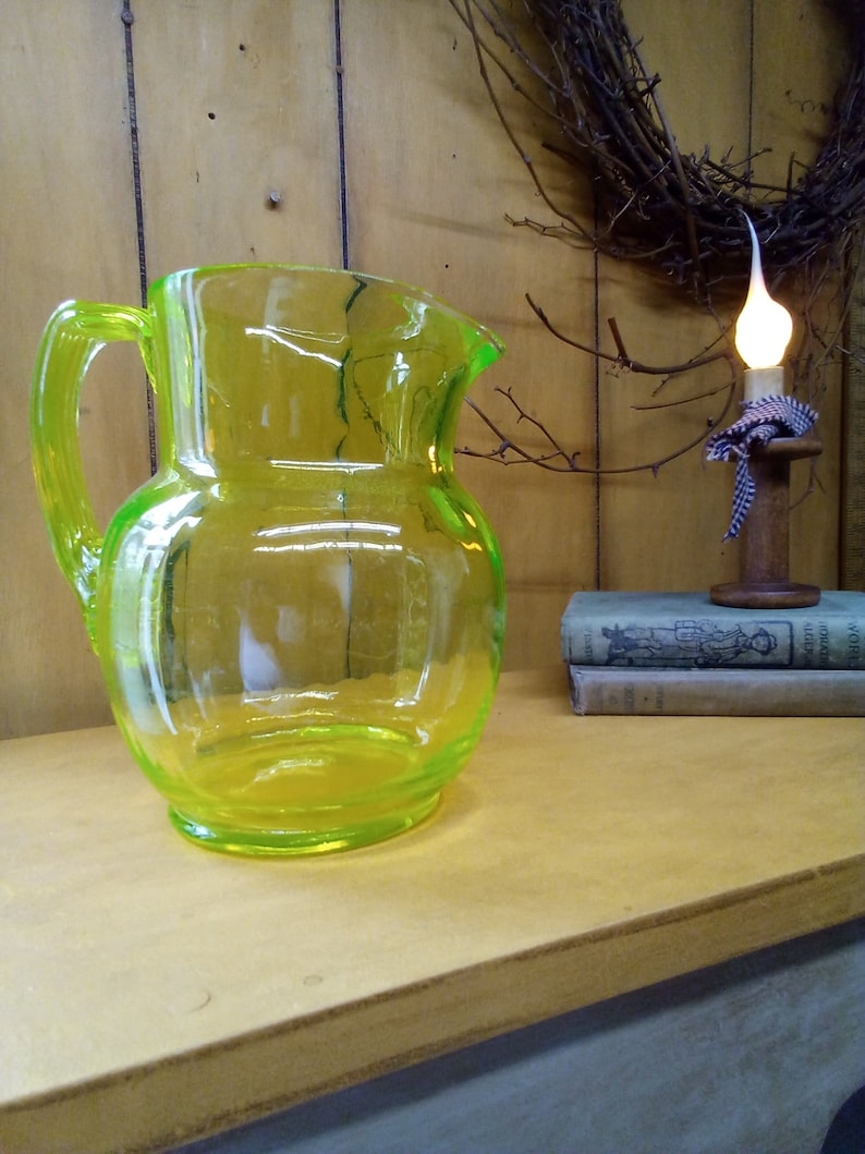 Antique Vaseline Glass Pitcher: Ribbed Handle, Paneled Design, 1930s - Etsy
