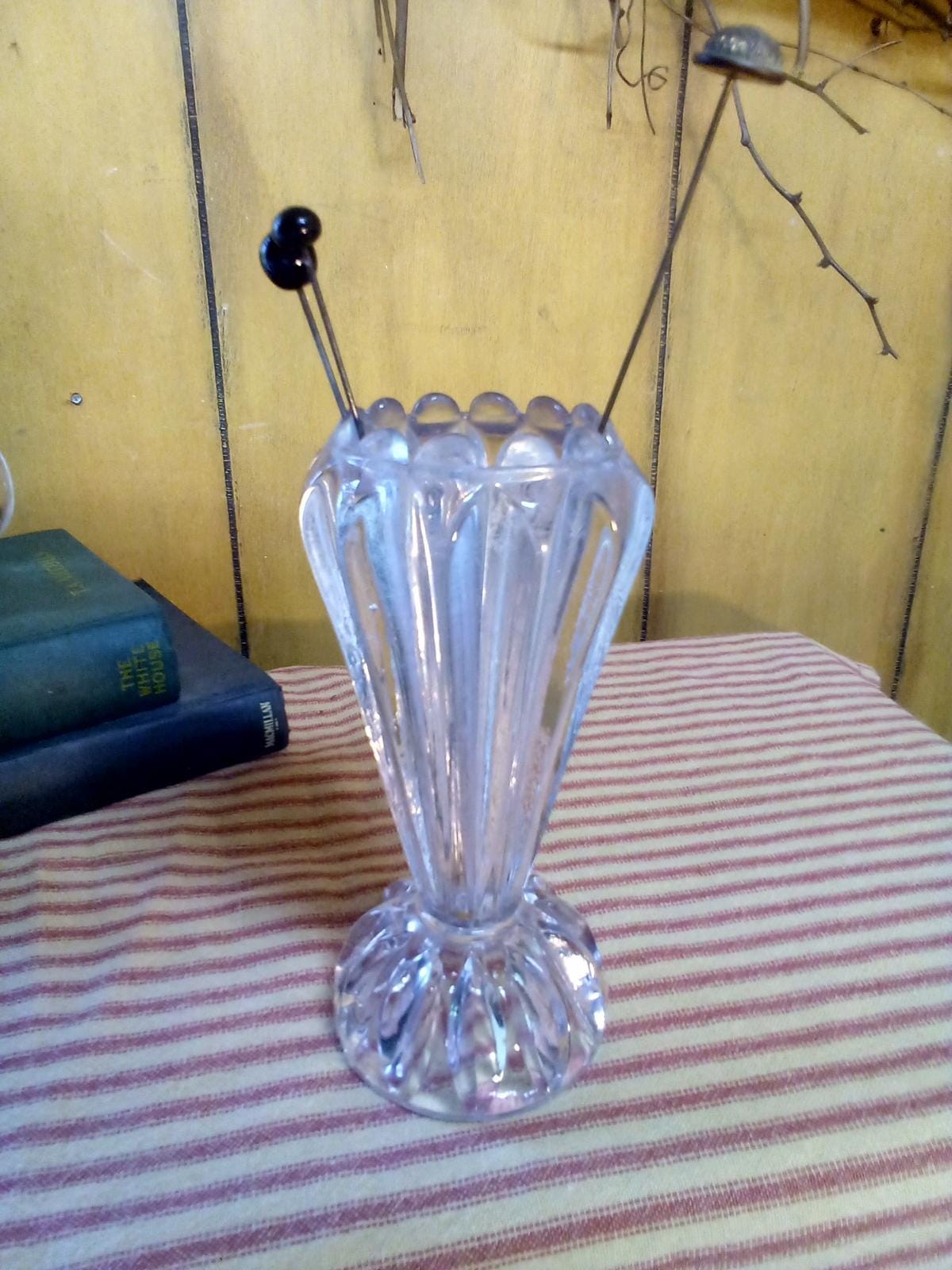 Hat Pin Holder / Antique Hat Pin Holder / Glass Antique Hat Pin Holder and Three Hat Pins / Victorian  Glass Hat Pin Holder