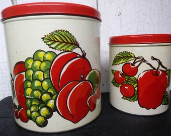 Vintage Two Piece Canister Set / Vibrant Colored Canisters / Decoware Canisters / Vintage Kitchen Metal Canisters / Apples Grapes Canisters