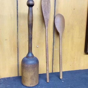 Antique Wood Potato Masher with Spoon & Spatula: Primitive Kitchen Utensils