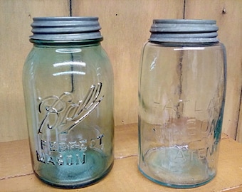 蓋付きヴィンテージガラスジャー：ボール、アトラス、二重安全 - 3個