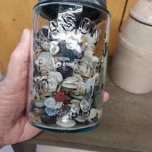 Mason Jar / Pint Nov.  30th 1858 Mason&#39;s Jar /  Bluish Green Tint One Pint Jar With 100s Of Buttons  / Mason&#39;s Jar / Mason  Jar /Canning Jar