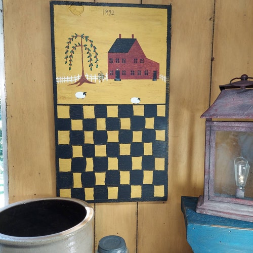 Folk Art Painting Farm shops and Checkerboard Wall Hanging / Saltbox House Farm Scene Outsider Art Handpainted Pennsylvania Estate Sale 
