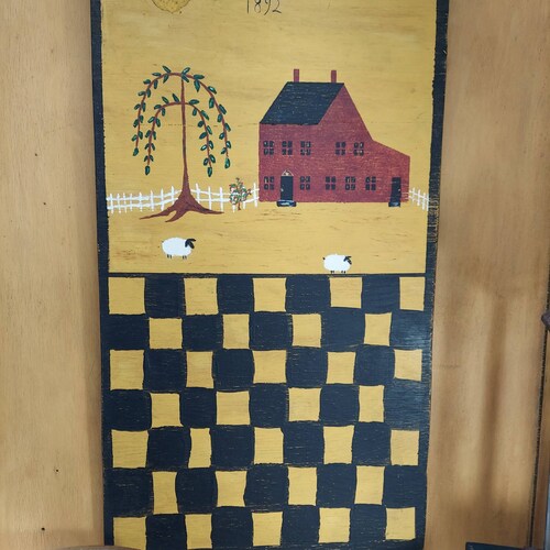 Folk Art Painting Farm shops and Checkerboard Wall Hanging / Saltbox House Farm Scene Outsider Art Handpainted Pennsylvania Estate Sale 