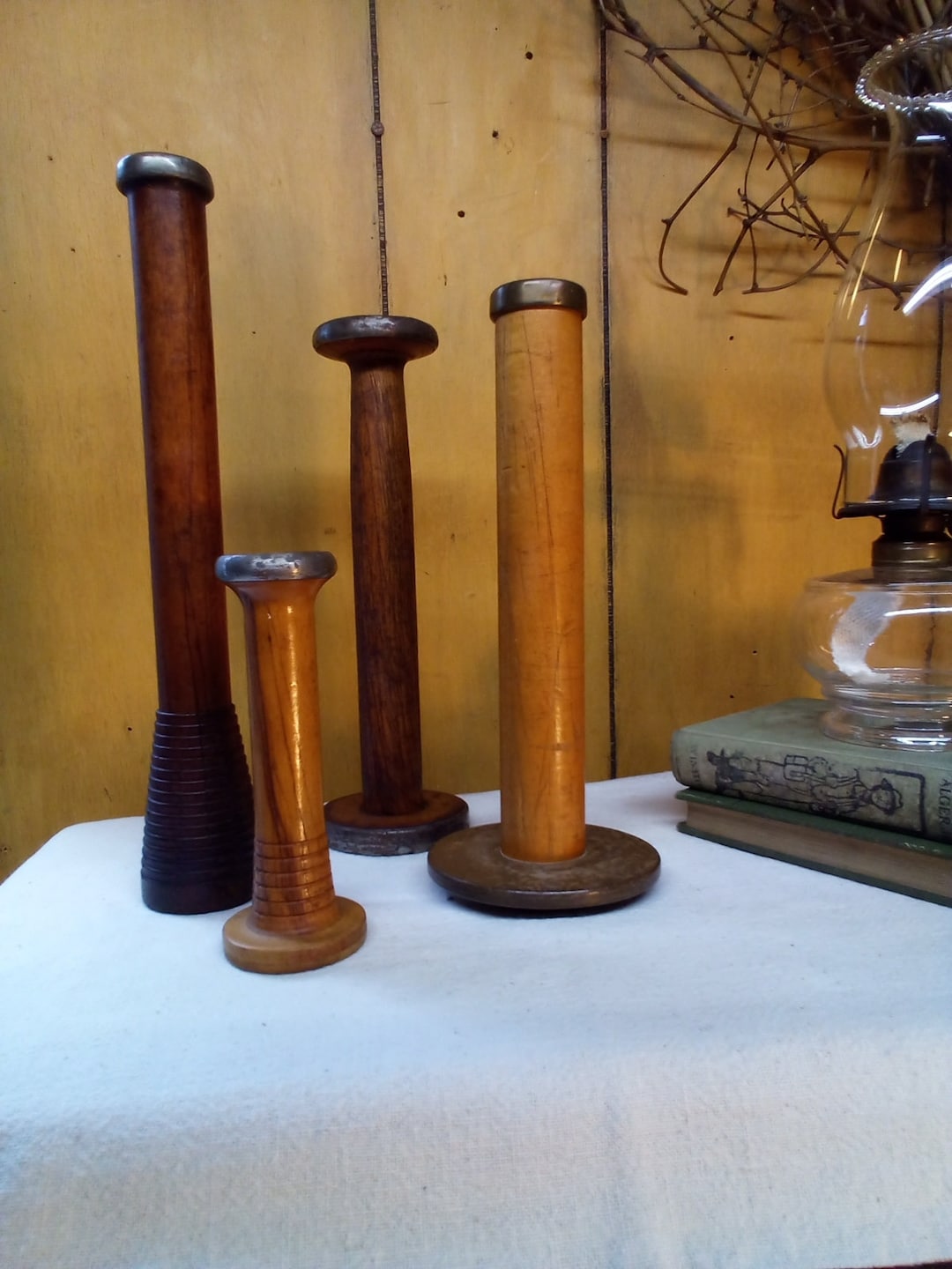 Bobbins / Antique Wooden Bobbin Collection / Four Wooden Bobbins Spools