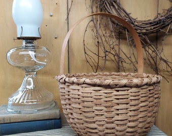 Basket / Large 14" Tall  Handcrafted Vintage  Splint Oak Basket / Handcrafted By A Talented Weaver  Splint Oak Basket With Bent Wood Handle