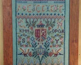 Needlepoint / Framed And Glass Covered Sampler Antique Needlepoint / Dated 1731-Family Crest-Alphabet-Birds-Trees-Flowers-Borders-Sampler