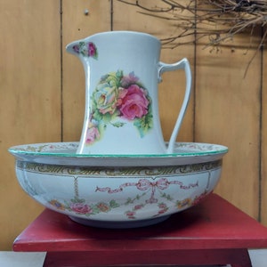 Antique Porcelain Pitcher and Bowl Set: Pink Roses, Made in England