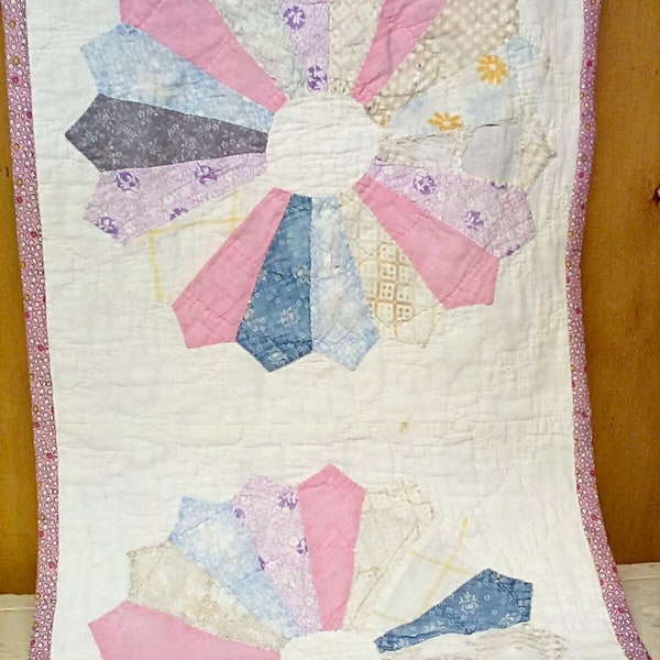 Table Runner / Dresden Plate Table Runner - Doll Quilt - Wall Hanging / Table Runner Repurposed From An Antique Bed Quilt / Quilt