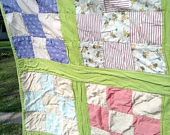 Vintage Patchwork Cutter Quilt: Repurposed Cotton Fabric, 33x82 Inches
