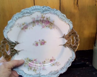 Antique Floral Transferware Plate: Pink & Gold Scalloped China, c.1900