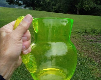 Vaseline Glass Pitcher / Yellow Vaseline Glass Pitcher / Half Gallon Vaseline Glass Pitcher / Antique-Vintage Glass Pitcher / Free Shipping