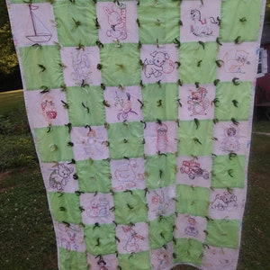 Vintage Baby Quilt / 38&quot; x 56&quot; Embroidered Baby Quilt or WALL HANGING / Fifty-Four 6&quot; x 6&quot; Squares Baby Quilt / Handcrafted Hand Embroidered