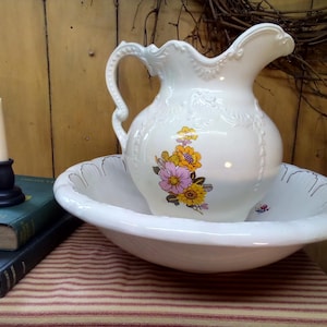 Antique Stoneware Pitcher and Bowl Set: Floral Transfers, Farmhouse Decor