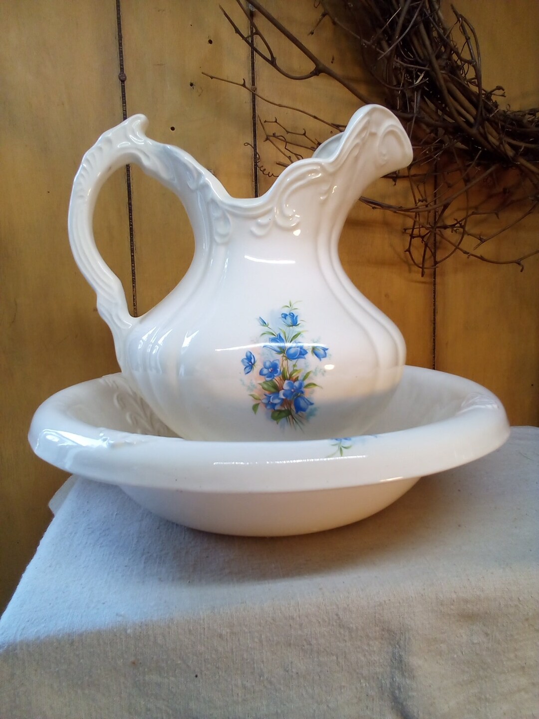 Pitcher and Bowl Set / Large Vintage Ceramic White With Blue Flower