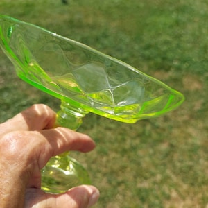 Antique Vaseline Glass Compote: Diamond Design Pedestal Candy Dish