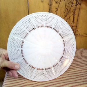 Milk Glass Cake Stand / Vintage Anchor Hocking Milk Glass Cake Stand / 1950&#39;s White Milk Glass Cake Stand With Fleur De Lis Gold Decorations