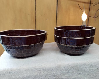 Bowls / 3 Vintage Stoneware Yellowware  Mixing Bowls / Stoneware Mixing Bowls / Two 7" Bowls and One 8" Bowl / Interesting Pattern Bowls
