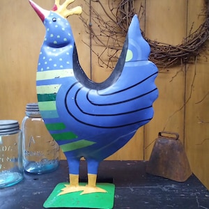 Rooster / Folk Art Vintage Handcrafted Metal Rooster /  Uniquely Hand Painted Metal Folk Art  Rooster With Metal Base /Vintage Metal Rooster