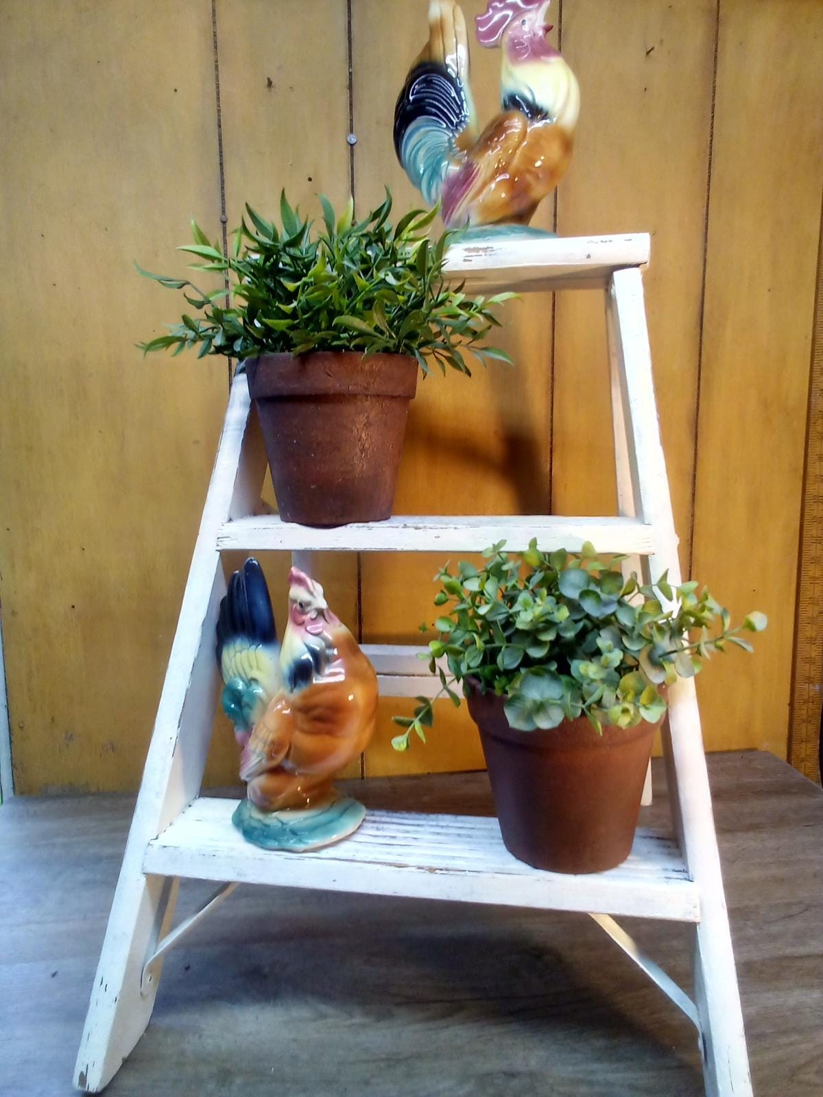 Distressed Farmhouse Step Ladder: Vintage Shabby Chic Plant Stand