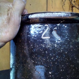 Crock / Antique 2 Gallon Dark Brown Glaze Stoneware Crock /1800&#39;s Hand Thrown Hand Formed Unusual Incised &quot;2&quot; Gallon Primitive Crock