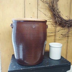 Antique 5 Gallon Stoneware Crock: 1800s Wheel Thrown Brown Glaze