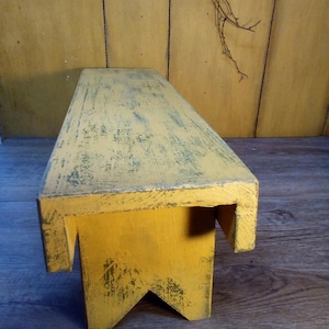 Table Riser-Small Bench / Vintage Painted Farmhouse-Country-Primitive Wood Table Riser / Mustard Yellow Over Crackled Green Paint Distressed