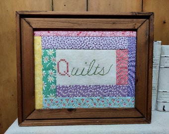 Hand Stitched "Quilts" Framed Americana Decor - Wall Hanging Antique Wooden Frame