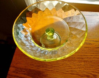 Vaseline Glass /Antique Vaseline Glass Compote / Yellow Vaseline Glass Diamond Design Open Candy Dish / Open Pedestal Candy Dish / Antique