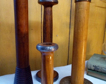 Bobbins / Antique Wooden Bobbin Collection / Four Wooden Bobbins Spools Mill Bobbins / 4 Different Styles Woods Stains And Finishes