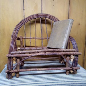 Doll Chair / Adirondack Bentwood Vintage Doll Chair Trimmed in Primitive Style Cotton Fabric Strips / Farmhouse Style Wood Doll Chair