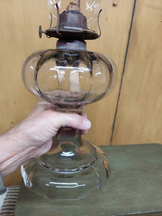 Oil Lamp Large Antique-Vintage Clear Glass Two Part Mold Oil Lamp Substantial Weight Pedestal Oil Lamp Brass Burner Wick And Globe