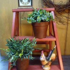 Puede incluir: Una pequeña escalera decorativa roja sostiene dos plantas en macetas y un portalápices de cerámica con forma de gallo. Un reloj con marco dorado se encuentra en el estante superior. Las plantas tienen follaje verde y el gallo es crema, marrón y rojo.
