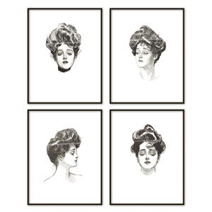 Gibson Girls Digital Downloads Prints Set of 4 Printable All American Beauties 1890s The Gilded Age Charles Gibson Black and White Portraits