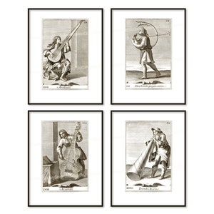 Musical Instruments Printable Digital Download Orchestra Set of 4 Prints Renaissance Musicians Music Room Wall Art Poster Black and White bv