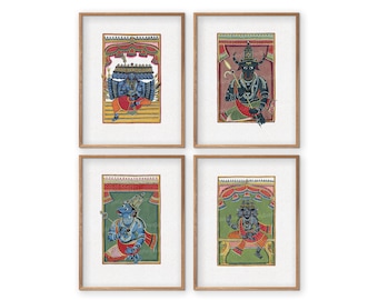 May include: Set of four framed prints featuring colourful illustrations of Hindu deities. Each print depicts a deity in a vibrant, ornate setting.