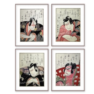 Kabuki Japanse antieke prenten Set van 4 afdrukbare digitale download Aziatische kostuum make-up muziektheater vintage Japan posters galerie kunst aan de muur