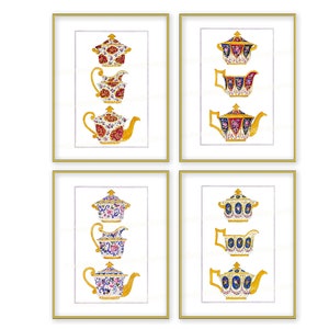 May include: Four framed prints of watercolor paintings of teapots and creamer sets with floral patterns in shades of blue, red, and gold.