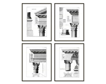May include: A set of four black and white prints featuring detailed illustrations of architectural columns and capitals. The prints are framed in black frames and are arranged in a grid pattern.